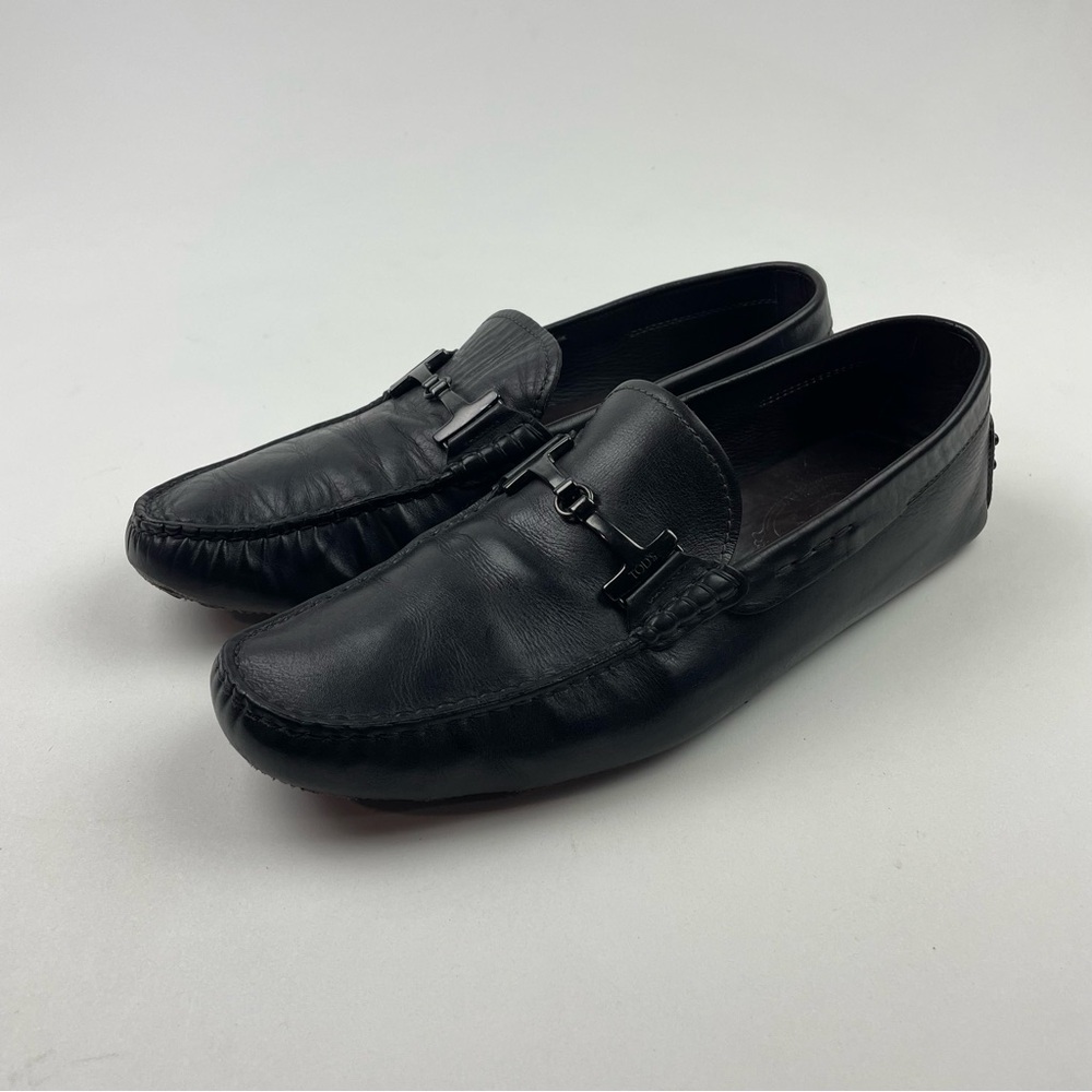 Tod's Black Leather Double T Slip On Loafers Size 9.5